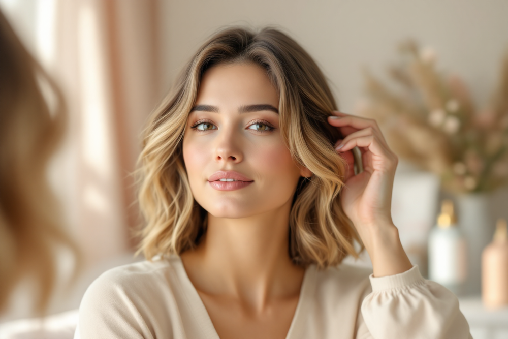 Woman with styled hair in a softly blurred indoor setting