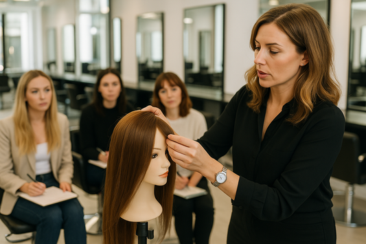 Trainer demonstrating wig fitting on mannequin head during HABIA endorsed course