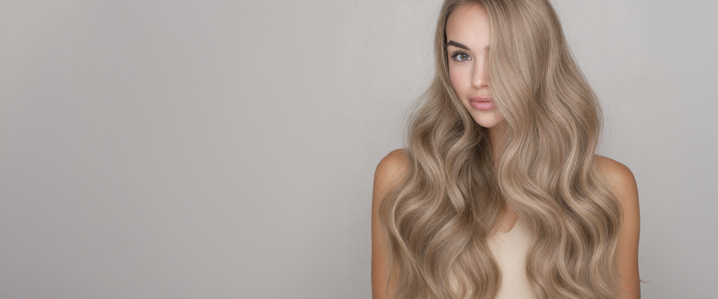 Beautiful woman with long flowing hair looking directly at camera wearing modern neutral top.